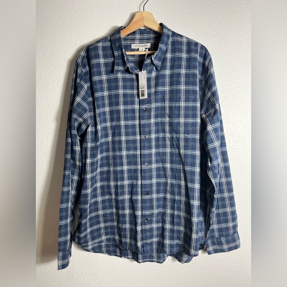 NWT Outerknown Shirt Mens Lightweight Plaid‎ Long Sleeve Organic Cotton Blue XL
